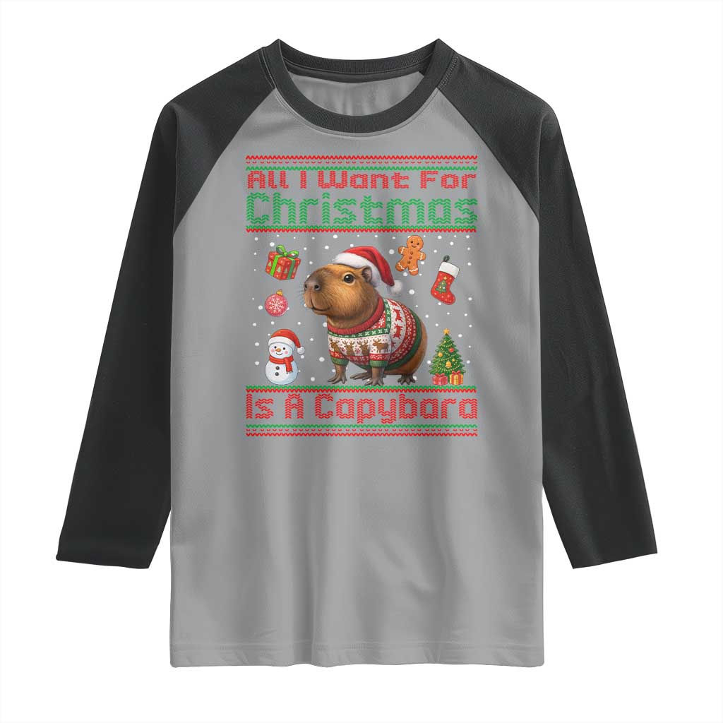 Funny Xmas Raglan Shirt All I Want For Christmas Is A Capybara TS12 Sport Gray Black Print Your Wear