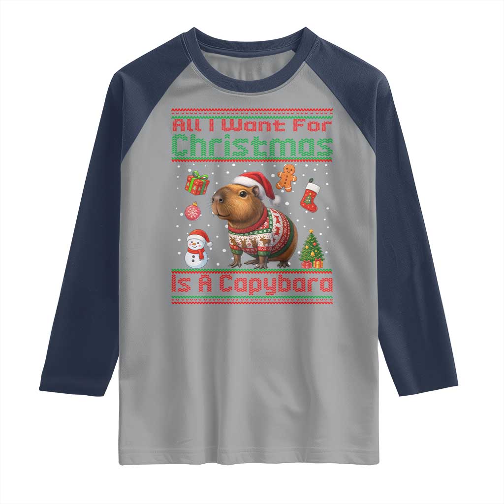 Funny Xmas Raglan Shirt All I Want For Christmas Is A Capybara TS12 Sport Gray Navy Print Your Wear