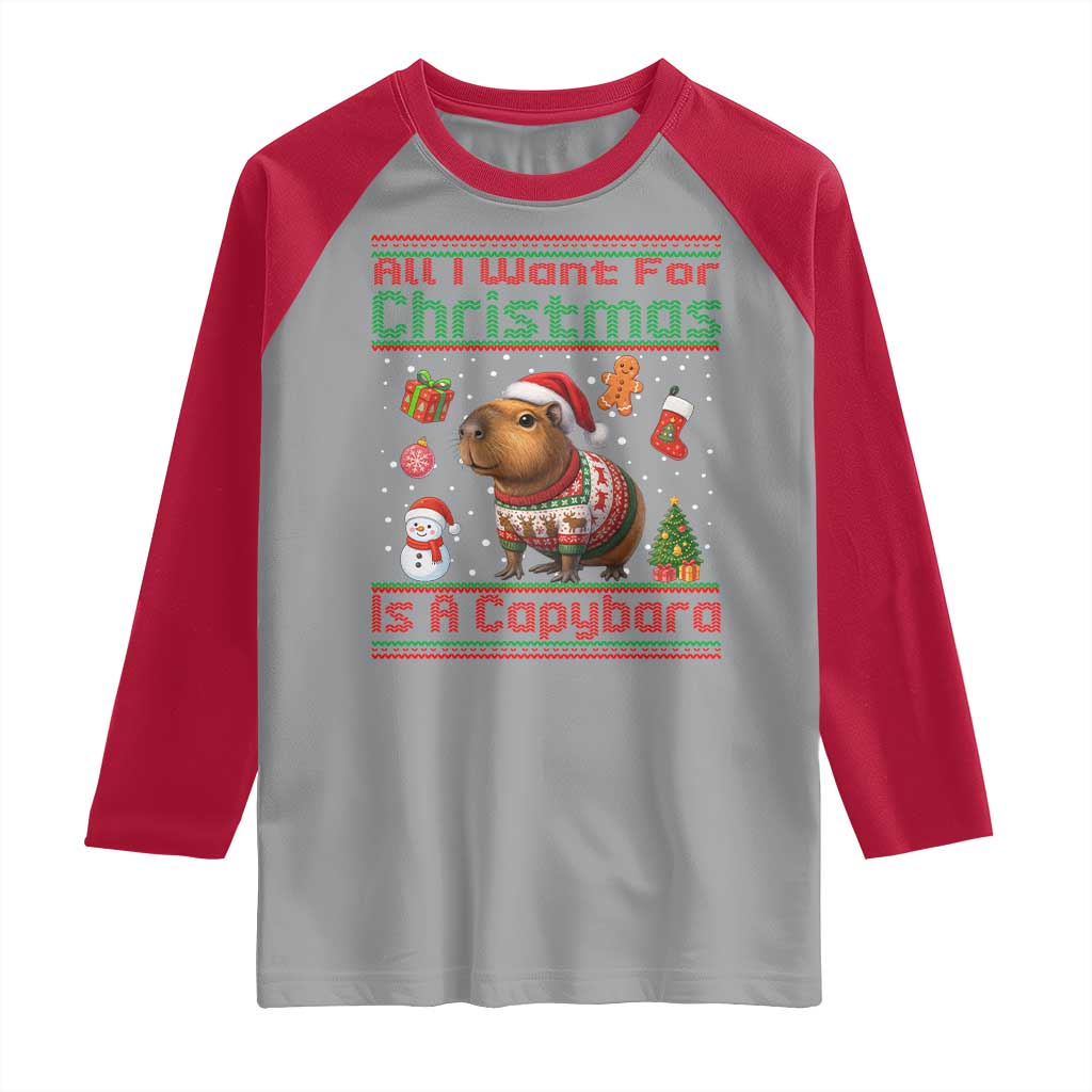 Funny Xmas Raglan Shirt All I Want For Christmas Is A Capybara TS12 Sport Gray Red Print Your Wear