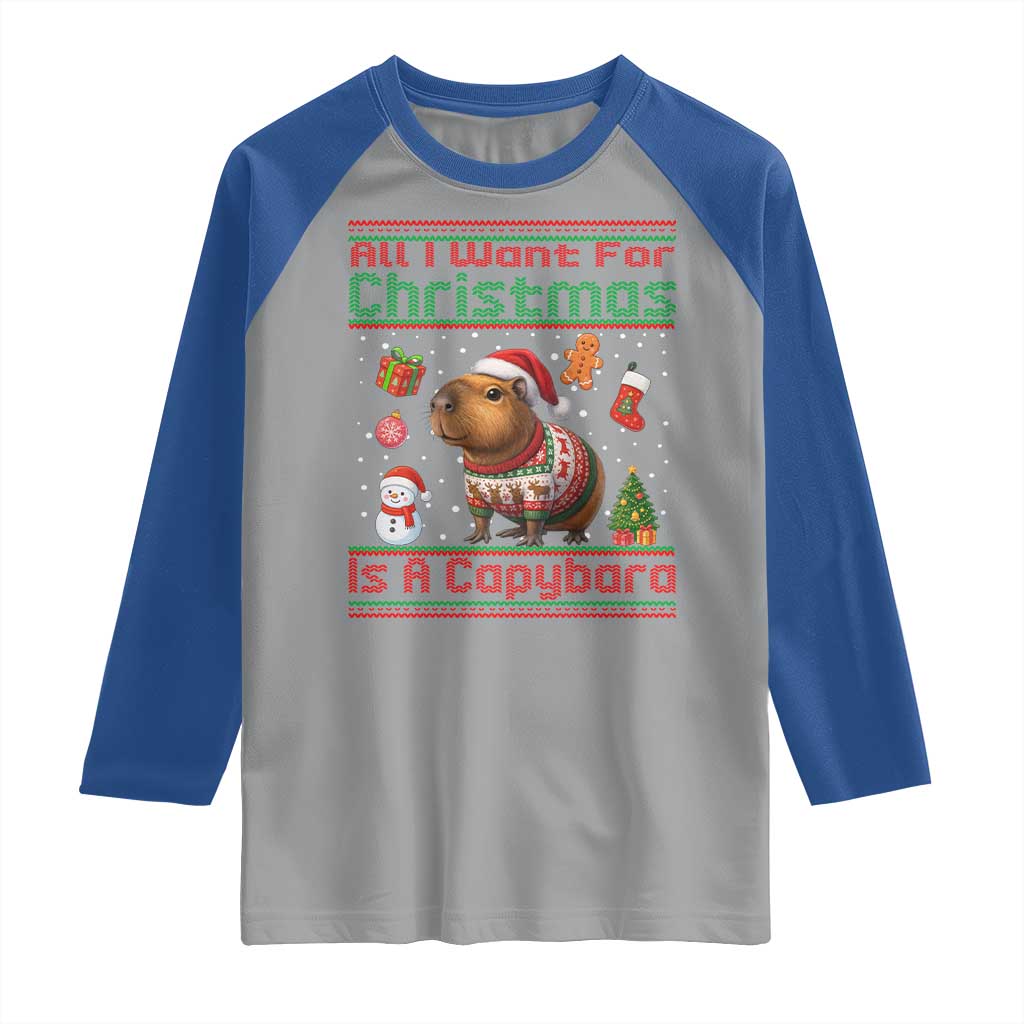 Funny Xmas Raglan Shirt All I Want For Christmas Is A Capybara TS12 Sport Gray Royal Print Your Wear