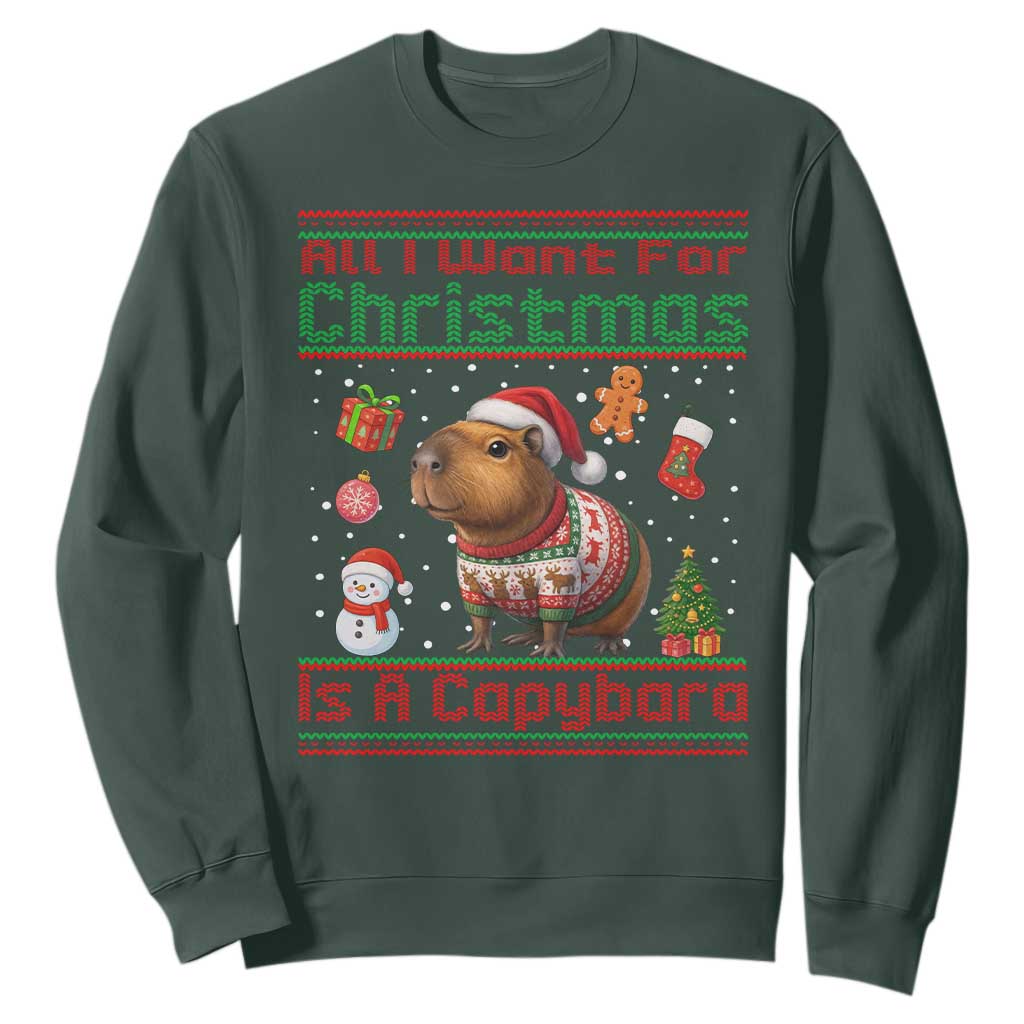 Funny Xmas Sweatshirt All I Want For Christmas Is A Capybara TS12 Dark Forest Green Print Your Wear