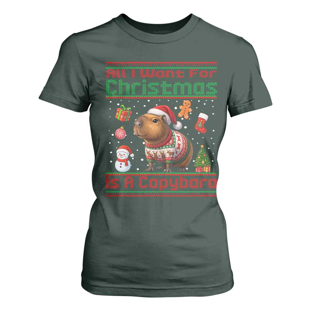 Funny Xmas T Shirt For Women All I Want For Christmas Is A Capybara TS12 Dark Forest Green Print Your Wear