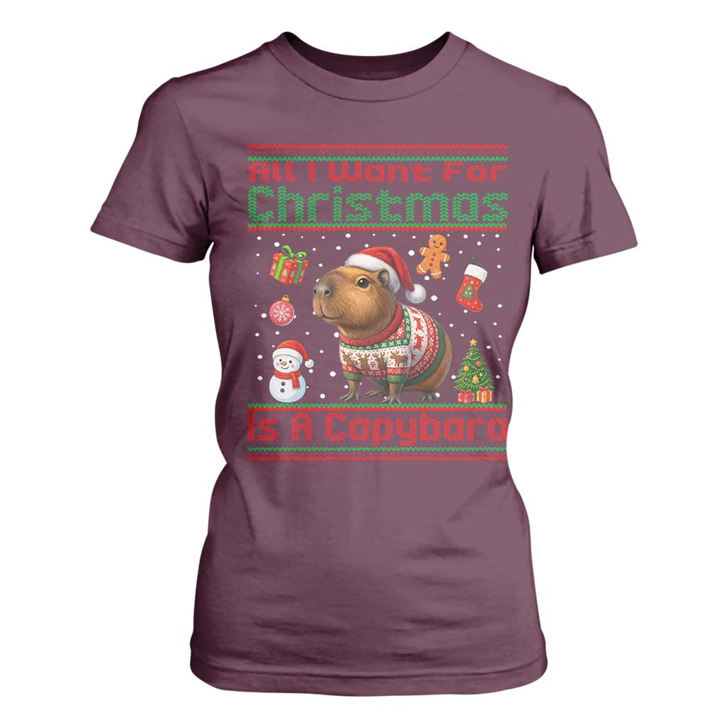 Funny Xmas T Shirt For Women All I Want For Christmas Is A Capybara TS12 Maroon Print Your Wear