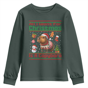 Funny Xmas Youth Sweatshirt All I Want For Christmas Is A Capybara TS12 Dark Forest Green Print Your Wear