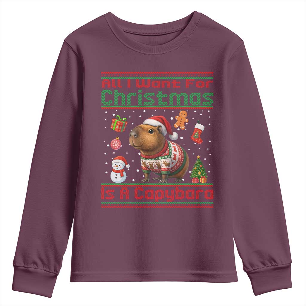 Funny Xmas Youth Sweatshirt All I Want For Christmas Is A Capybara TS12 Maroon Print Your Wear