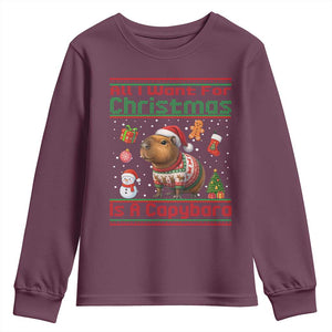 Funny Xmas Youth Sweatshirt All I Want For Christmas Is A Capybara TS12 Maroon Print Your Wear