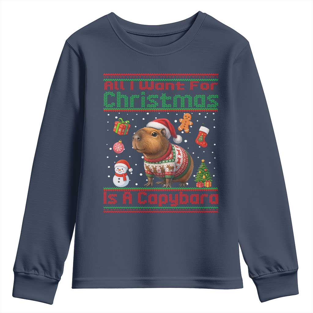 Funny Xmas Youth Sweatshirt All I Want For Christmas Is A Capybara TS12 Navy Print Your Wear
