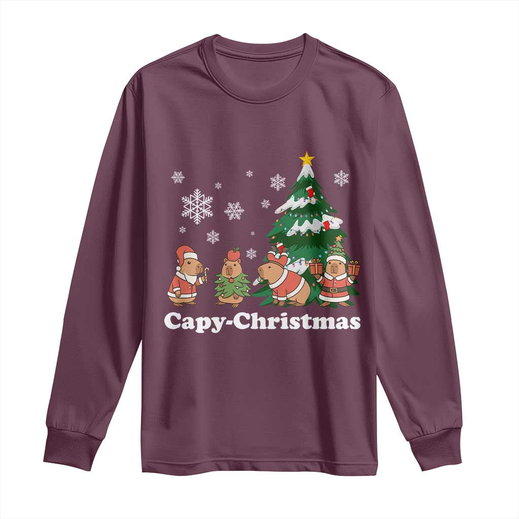 Christmas Capybara Long Sleeve Shirt Funny Capy Xmas Gift Idea TS12 Maroon Print Your Wear