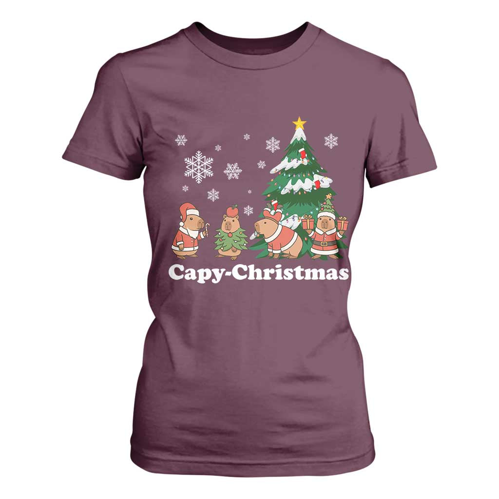 Christmas Capybara T Shirt For Women Funny Capy Xmas Gift Idea TS12 Maroon Print Your Wear