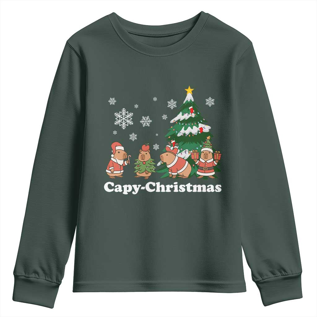 Christmas Capybara Youth Sweatshirt Funny Capy Xmas Gift Idea TS12 Dark Forest Green Print Your Wear