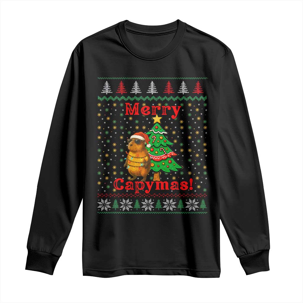Funny Merry Capymas Long Sleeve Shirt Capybara Christmas Party TS12 Black Print Your Wear