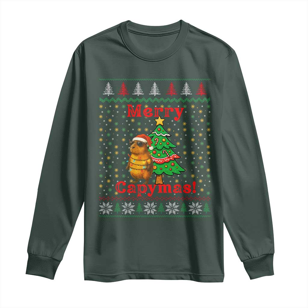 Funny Merry Capymas Long Sleeve Shirt Capybara Christmas Party TS12 Dark Forest Green Print Your Wear