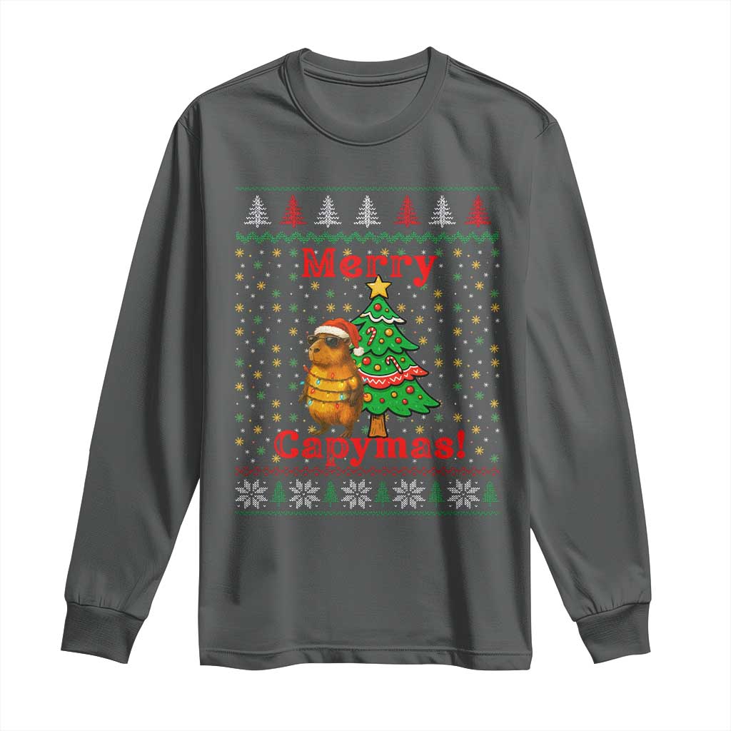 Funny Merry Capymas Long Sleeve Shirt Capybara Christmas Party TS12 Dark Heather Print Your Wear
