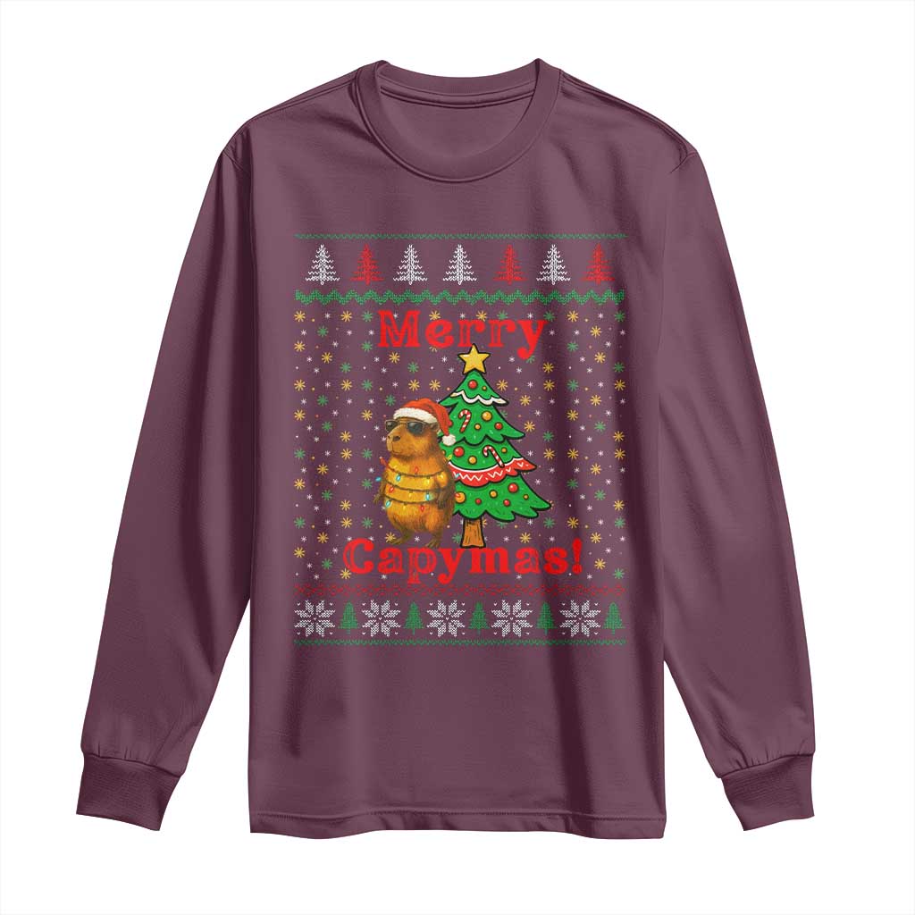 Funny Merry Capymas Long Sleeve Shirt Capybara Christmas Party TS12 Maroon Print Your Wear