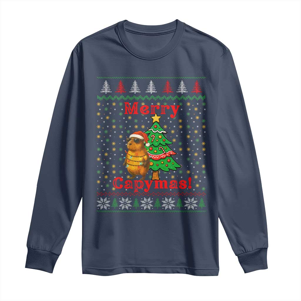Funny Merry Capymas Long Sleeve Shirt Capybara Christmas Party TS12 Navy Print Your Wear