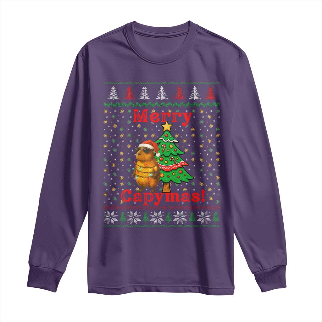 Funny Merry Capymas Long Sleeve Shirt Capybara Christmas Party TS12 Purple Print Your Wear