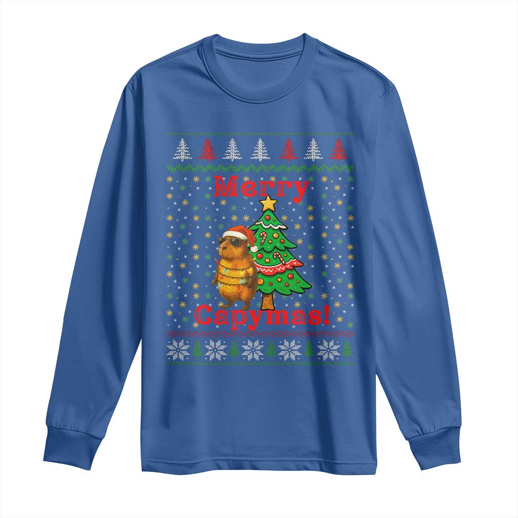 Funny Merry Capymas Long Sleeve Shirt Capybara Christmas Party TS12 Royal Blue Print Your Wear