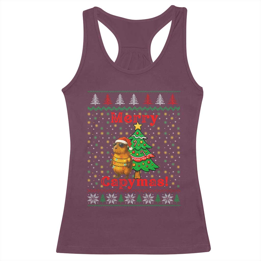Funny Merry Capymas Racerback Tank Top Capybara Christmas Party TS12 Maroon Print Your Wear
