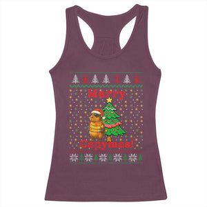 Funny Merry Capymas Racerback Tank Top Capybara Christmas Party TS12 Maroon Print Your Wear