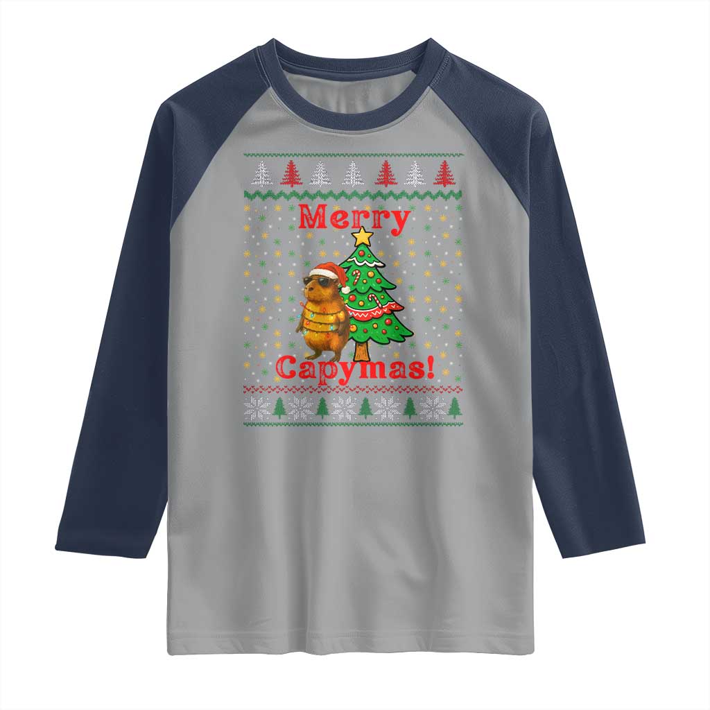 Funny Merry Capymas Raglan Shirt Capybara Christmas Party TS12 Sport Gray Navy Print Your Wear