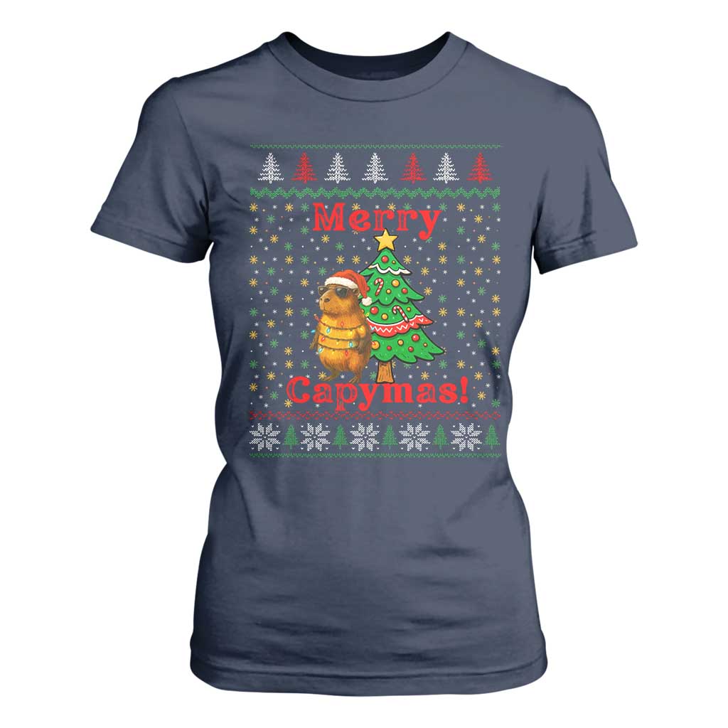Funny Merry Capymas T Shirt For Women Capybara Christmas Party TS12 Navy Print Your Wear