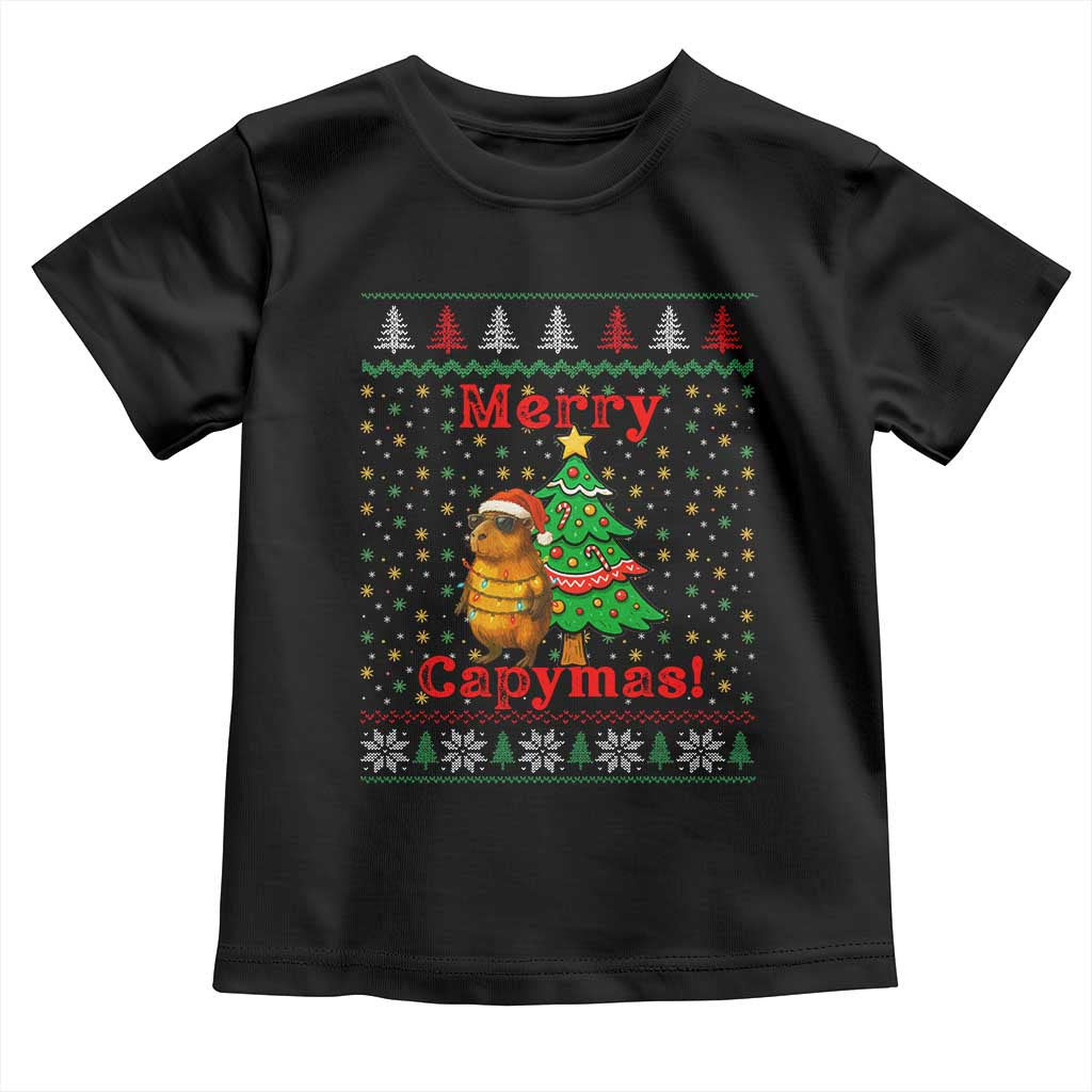 Funny Merry Capymas Toddler T Shirt Capybara Christmas Party TS12 Black Print Your Wear
