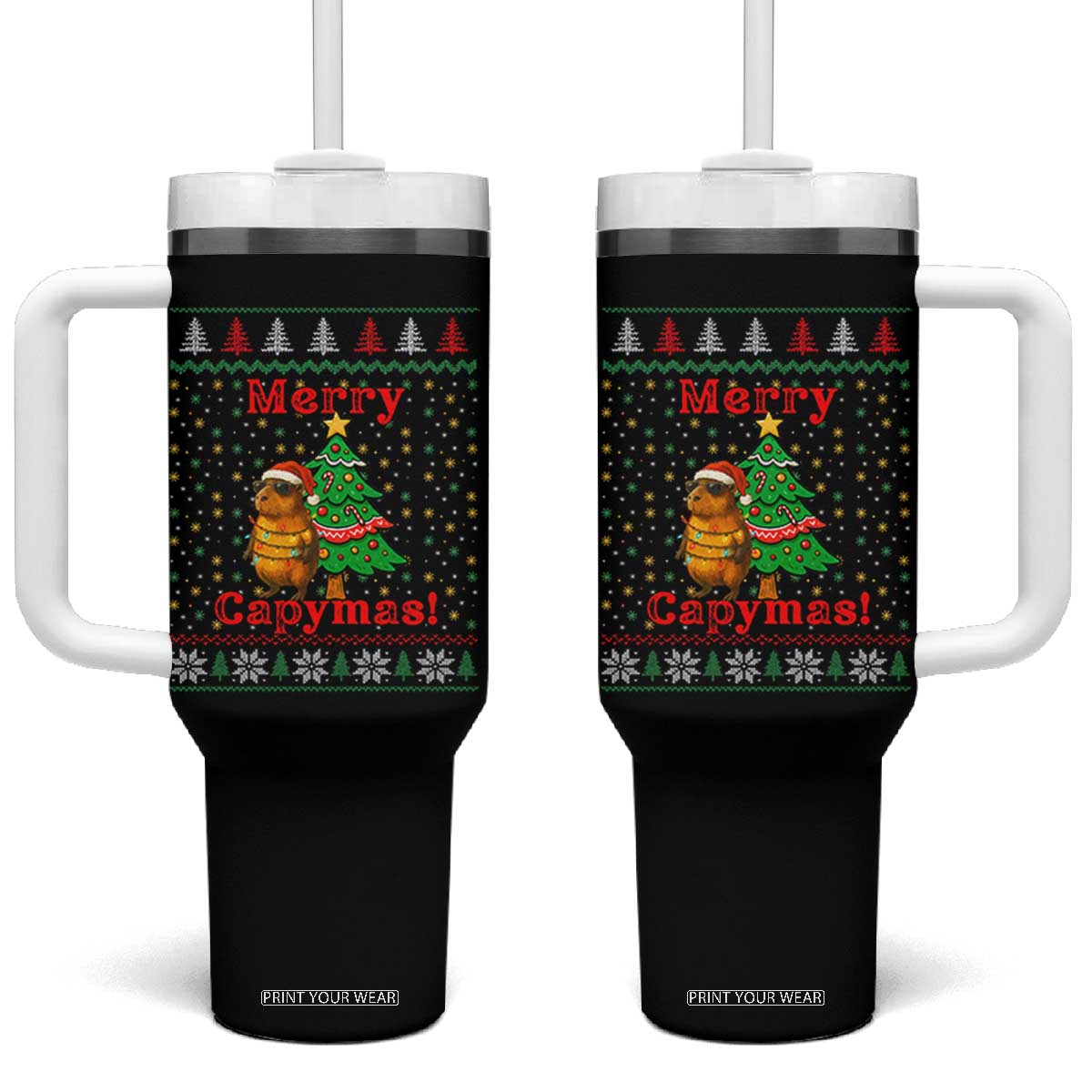 Funny Merry Capymas Tumbler With Handle Capybara Christmas Party TS12 One Size: 40 oz Black Print Your Wear