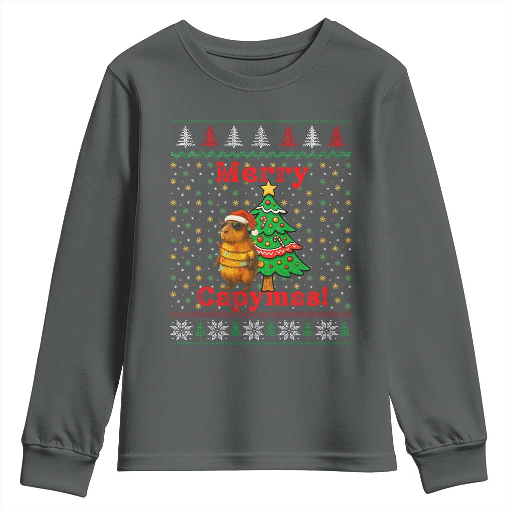 Funny Merry Capymas Youth Sweatshirt Capybara Christmas Party TS12 Dark Heather Print Your Wear