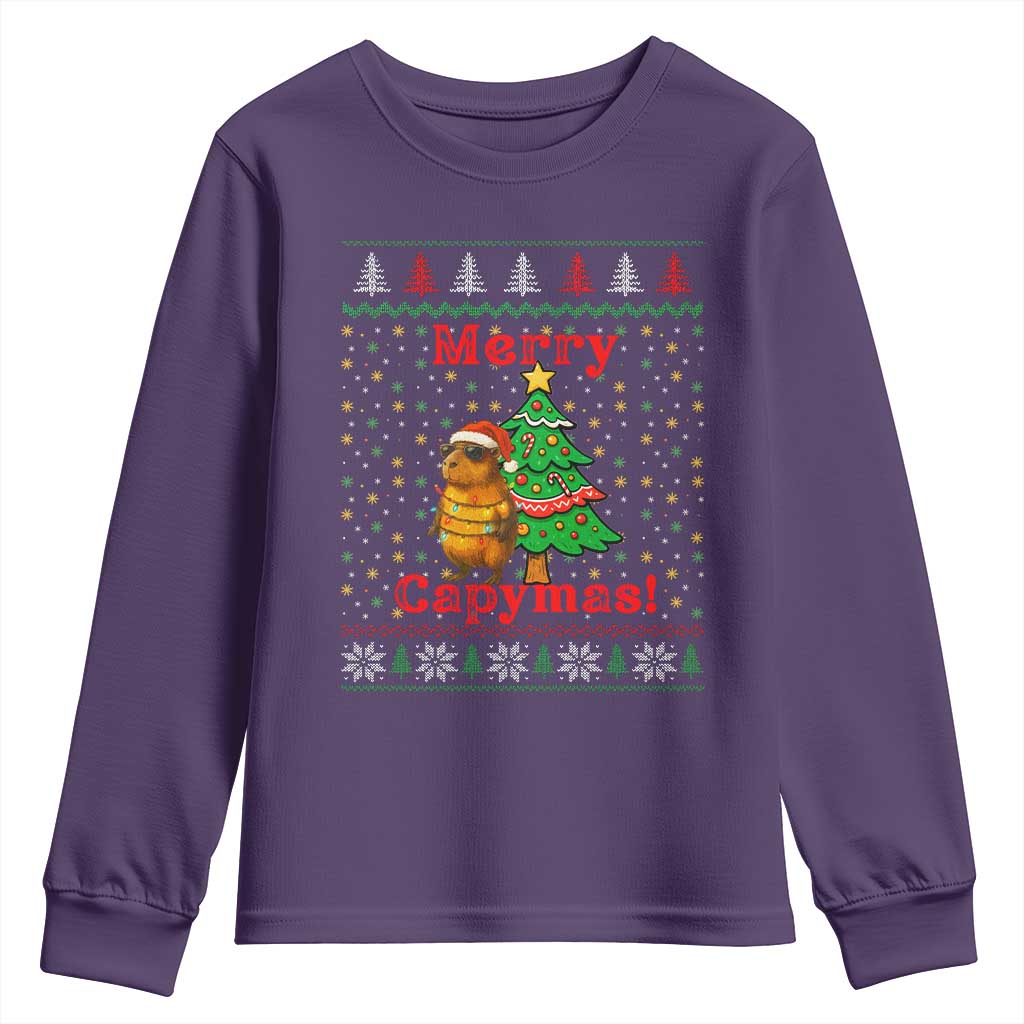 Funny Merry Capymas Youth Sweatshirt Capybara Christmas Party TS12 Purple Print Your Wear
