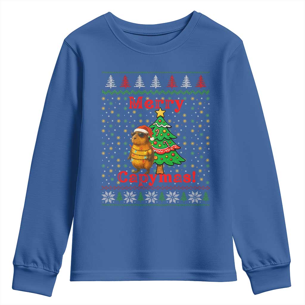 Funny Merry Capymas Youth Sweatshirt Capybara Christmas Party TS12 Royal Blue Print Your Wear
