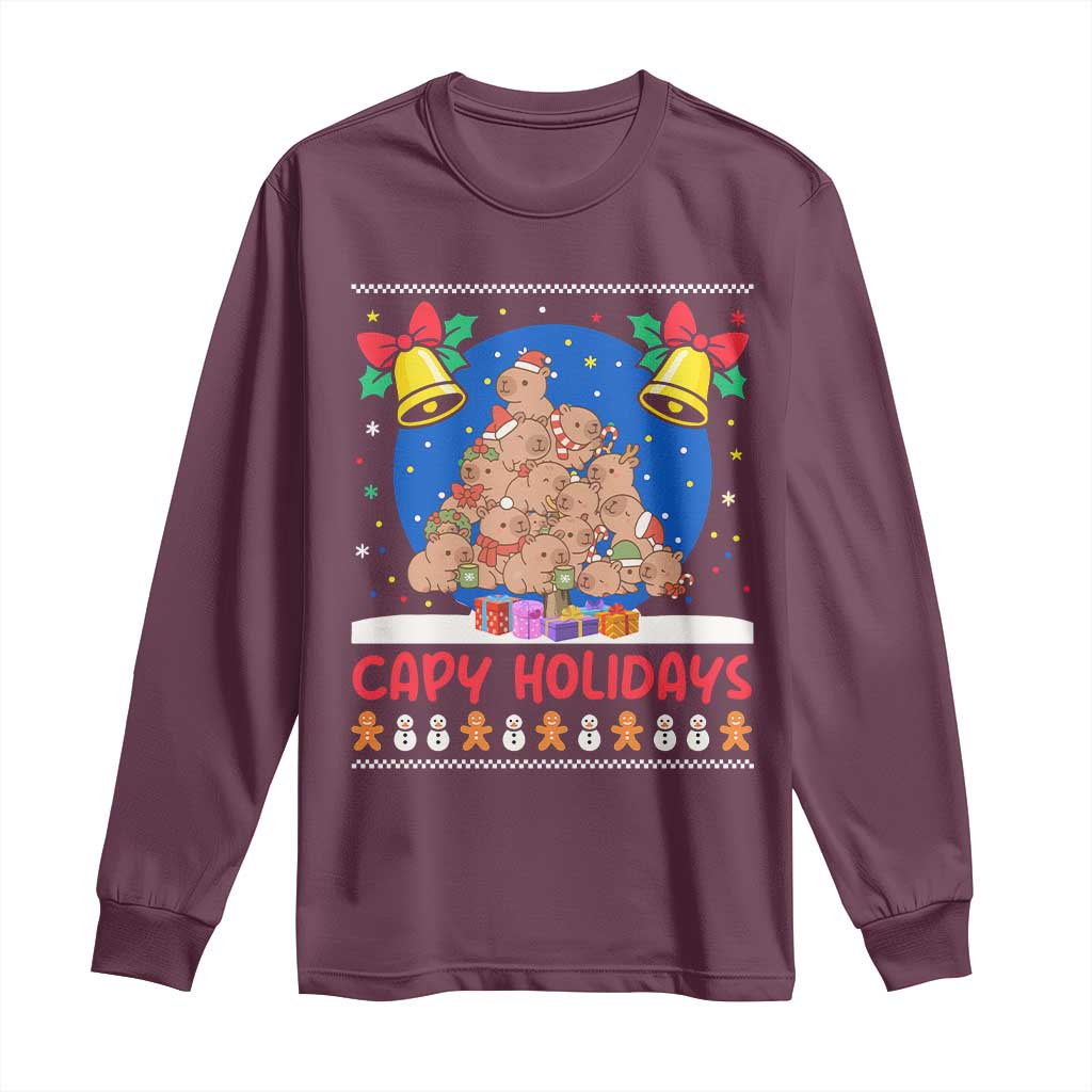 Capybara Christmas Tree Long Sleeve Shirt Funny Capy Holidays Gift TS12 Maroon Print Your Wear