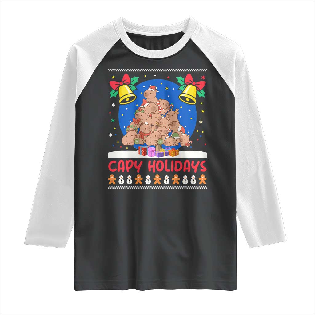 Capybara Christmas Tree Raglan Shirt Funny Capy Holidays Gift TS12 Black White Print Your Wear