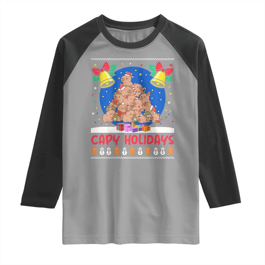 Capybara Christmas Tree Raglan Shirt Funny Capy Holidays Gift TS12 Sport Gray Black Print Your Wear