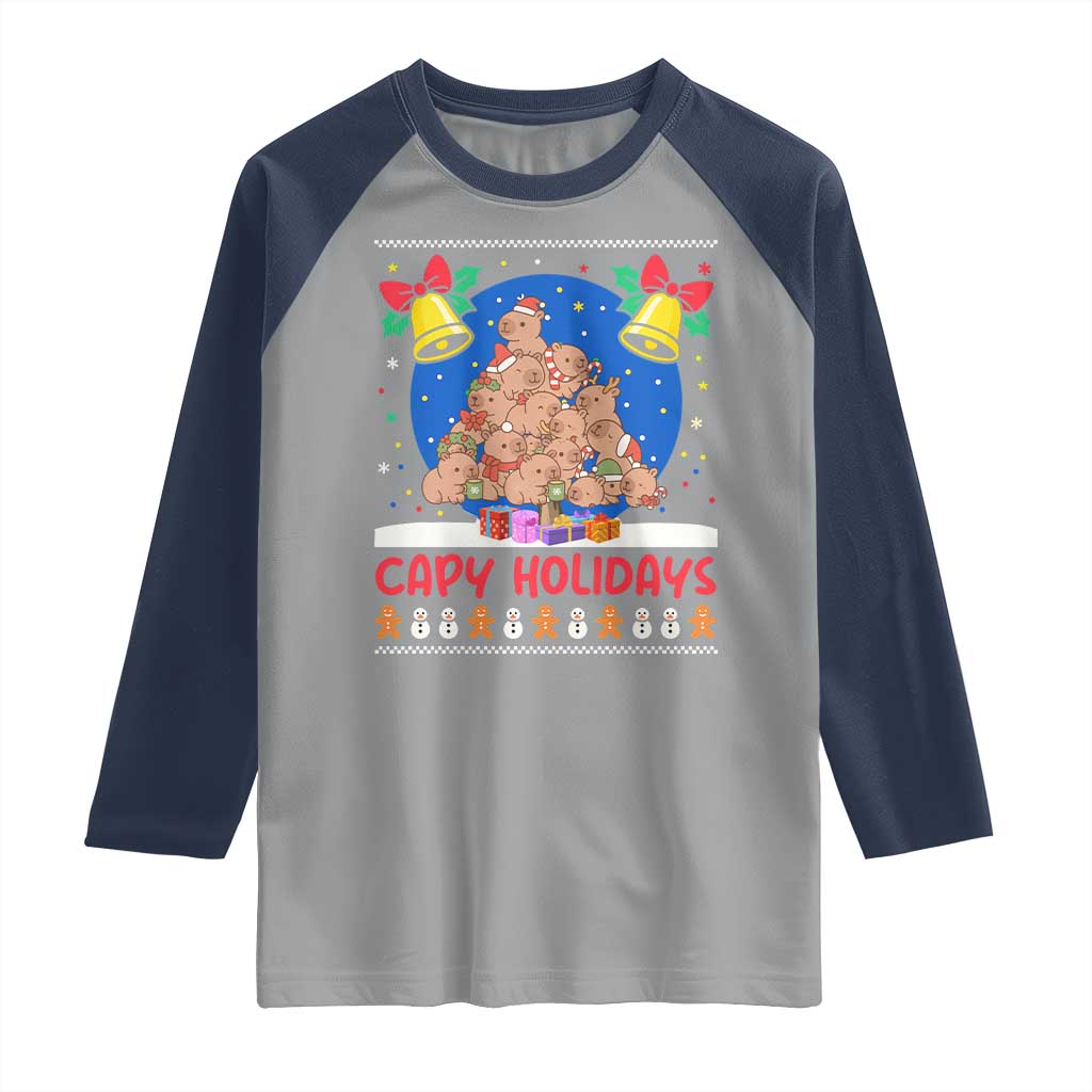 Capybara Christmas Tree Raglan Shirt Funny Capy Holidays Gift TS12 Sport Gray Navy Print Your Wear