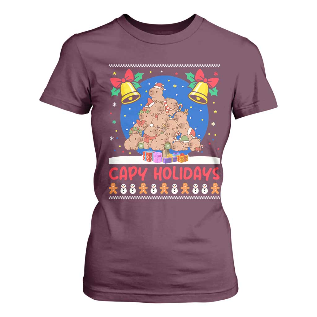 Capybara Christmas Tree T Shirt For Women Funny Capy Holidays Gift TS12 Maroon Print Your Wear