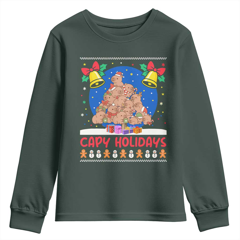 Capybara Christmas Tree Youth Sweatshirt Funny Capy Holidays Gift TS12 Dark Forest Green Print Your Wear