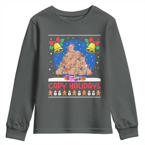 Capybara Christmas Tree Youth Sweatshirt Funny Capy Holidays Gift TS12 Dark Heather Print Your Wear