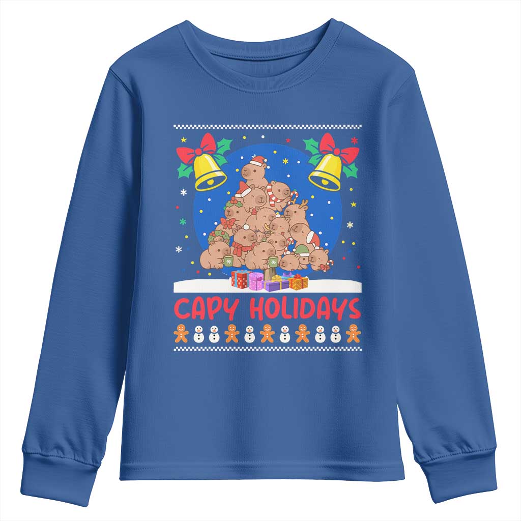 Capybara Christmas Tree Youth Sweatshirt Funny Capy Holidays Gift TS12 Royal Blue Print Your Wear