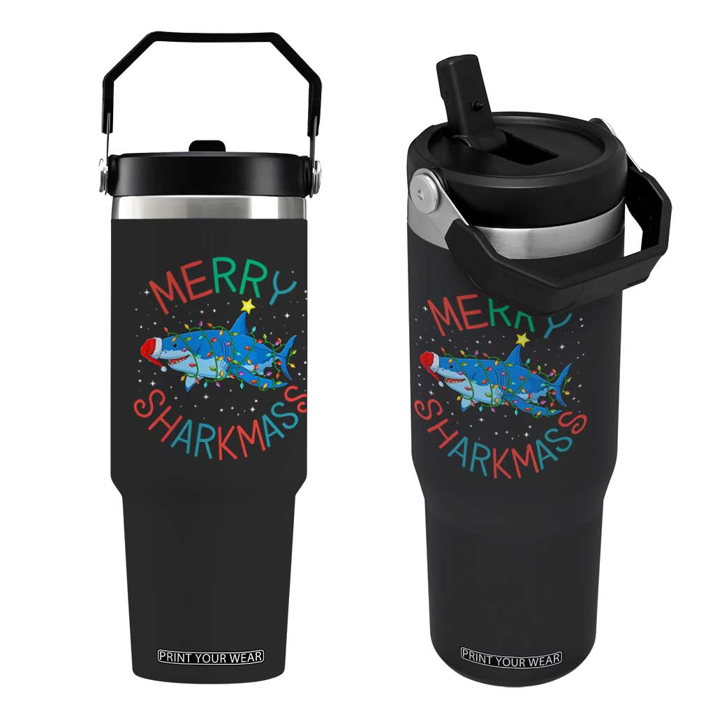 Christmas Shark Flip Straw Tumbler Funny Merry Sharkmas Xmas Gift TS12 One Size: 30 oz Black Print Your Wear