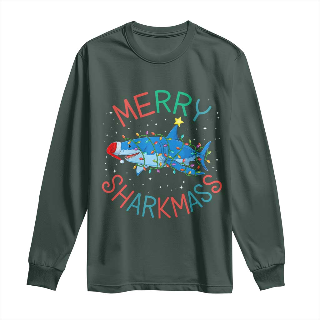Christmas Shark Long Sleeve Shirt Funny Merry Sharkmas Xmas Gift TS12 Dark Forest Green Print Your Wear