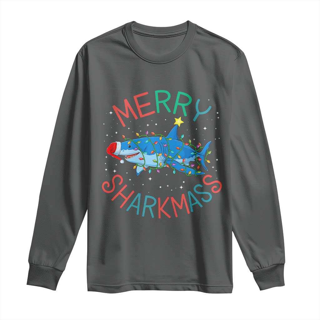 Christmas Shark Long Sleeve Shirt Funny Merry Sharkmas Xmas Gift TS12 Dark Heather Print Your Wear