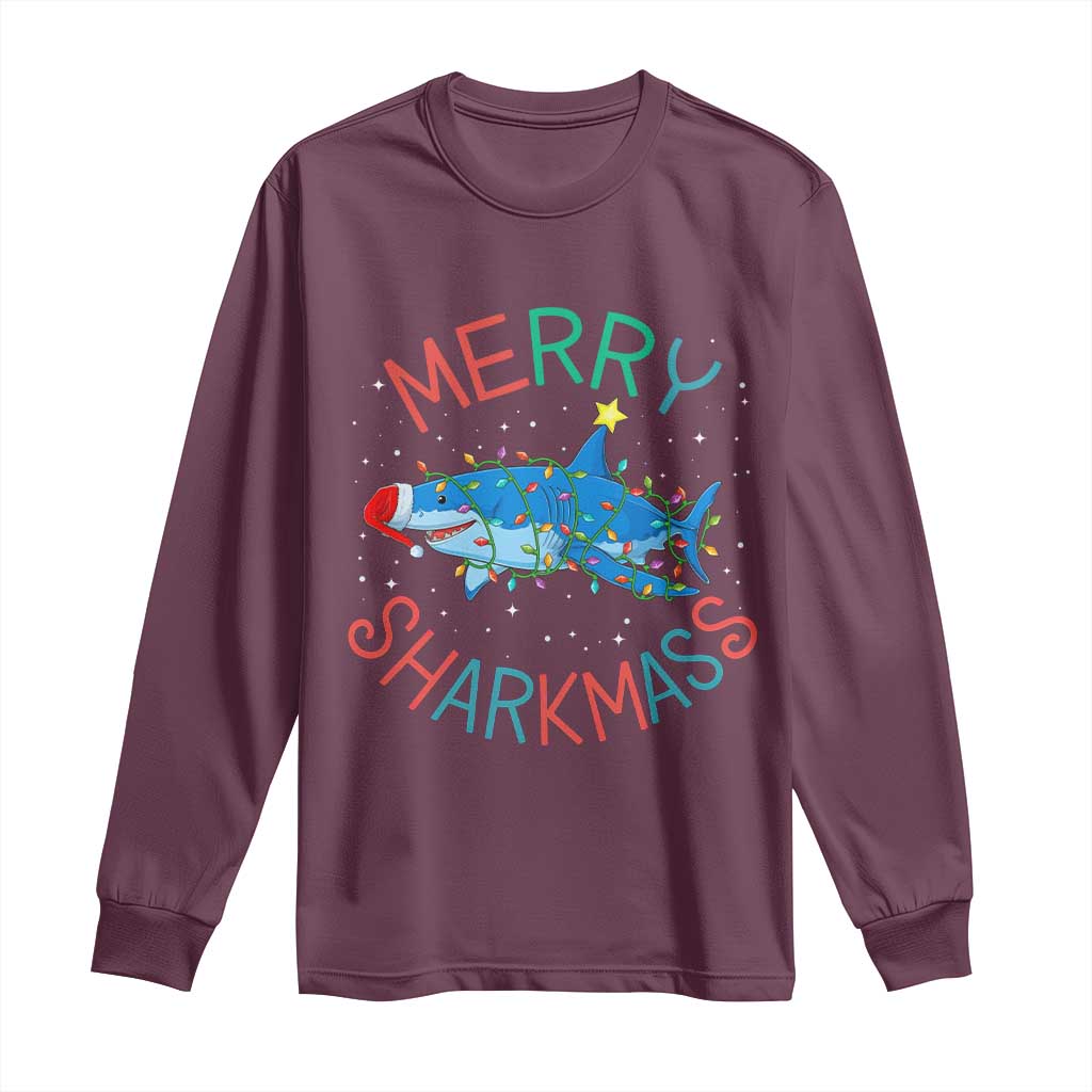 Christmas Shark Long Sleeve Shirt Funny Merry Sharkmas Xmas Gift TS12 Maroon Print Your Wear