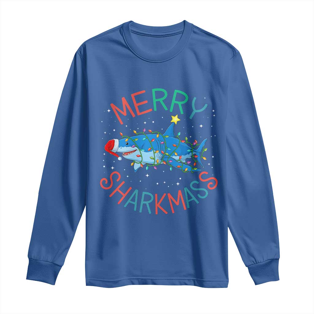 Christmas Shark Long Sleeve Shirt Funny Merry Sharkmas Xmas Gift TS12 Royal Blue Print Your Wear