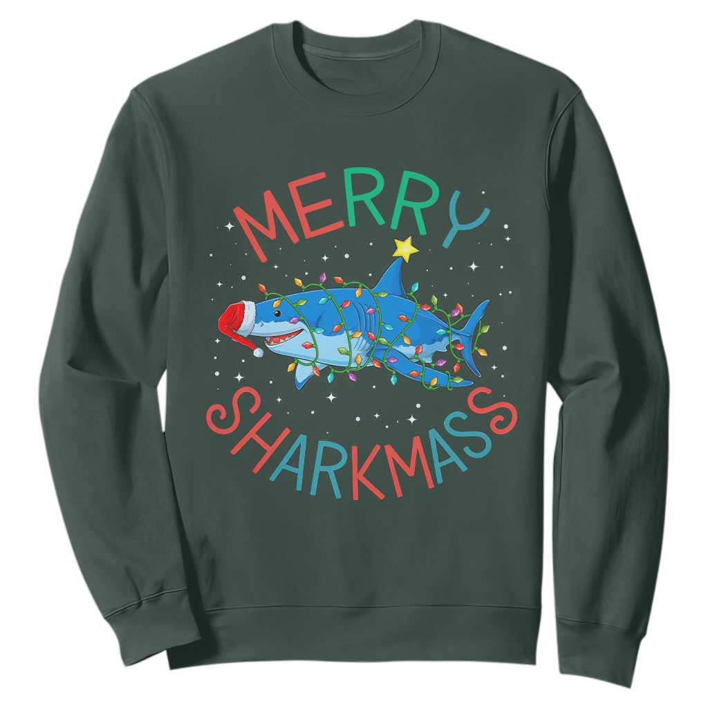 Christmas Shark Sweatshirt Funny Merry Sharkmas Xmas Gift TS12 Dark Forest Green Print Your Wear