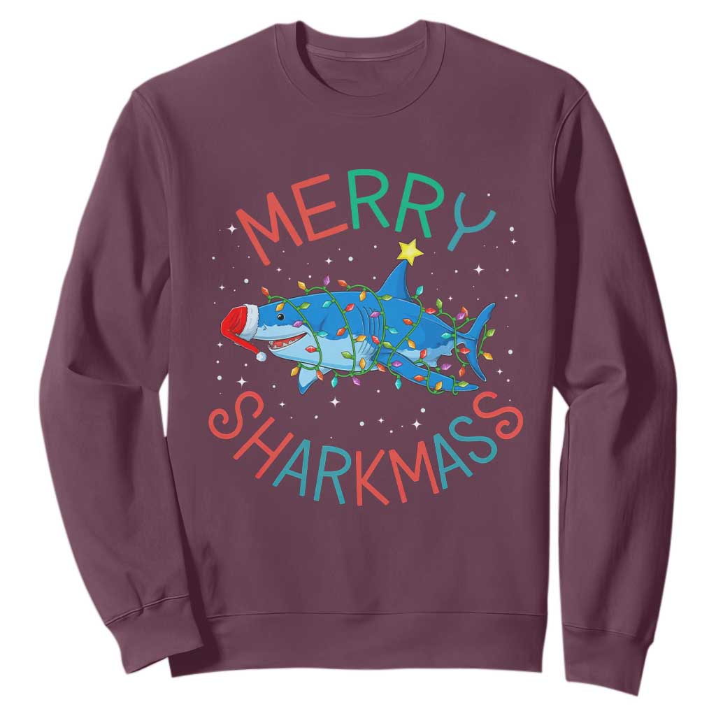Christmas Shark Sweatshirt Funny Merry Sharkmas Xmas Gift TS12 Maroon Print Your Wear