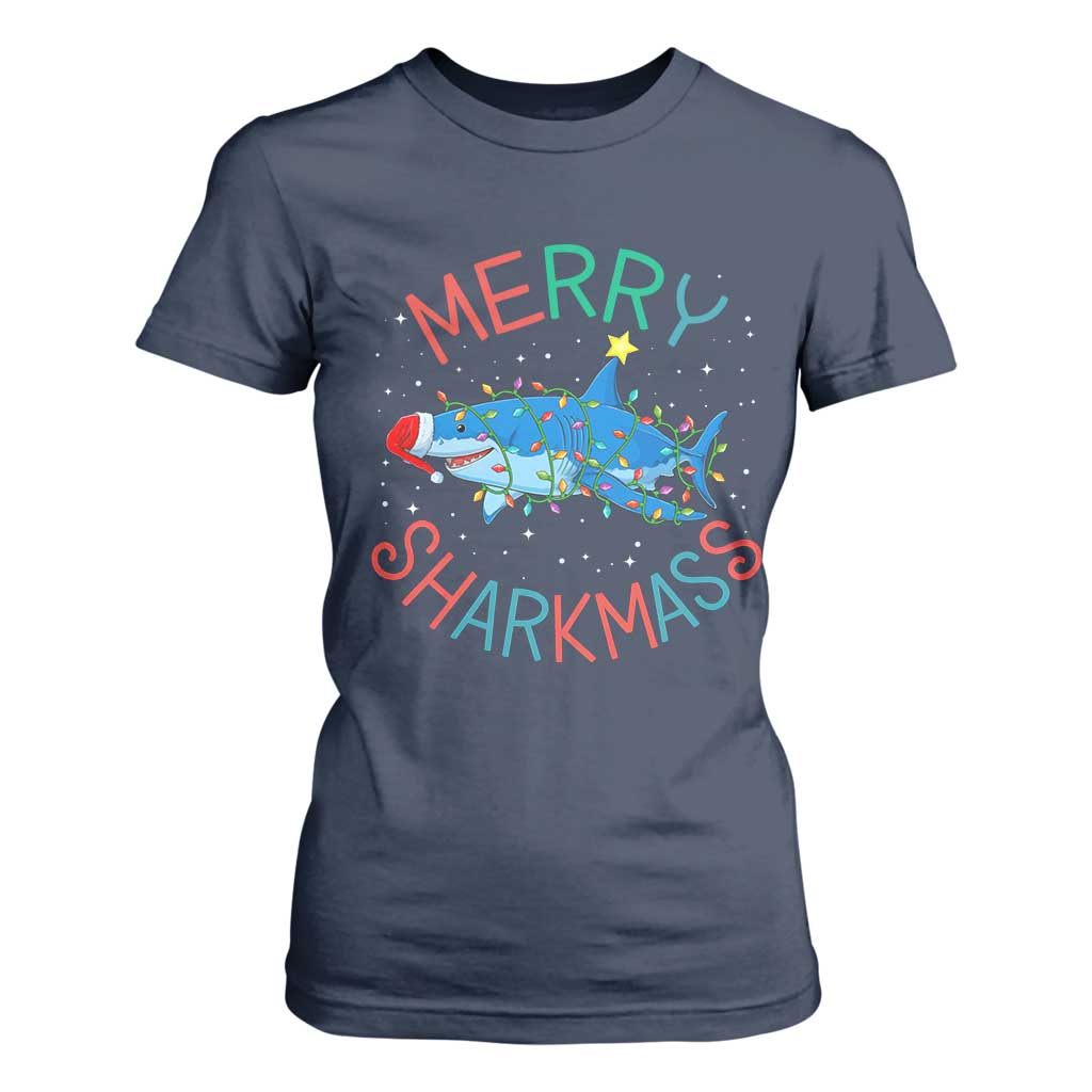 Christmas Shark T Shirt For Women Funny Merry Sharkmas Xmas Gift TS12 Navy Print Your Wear