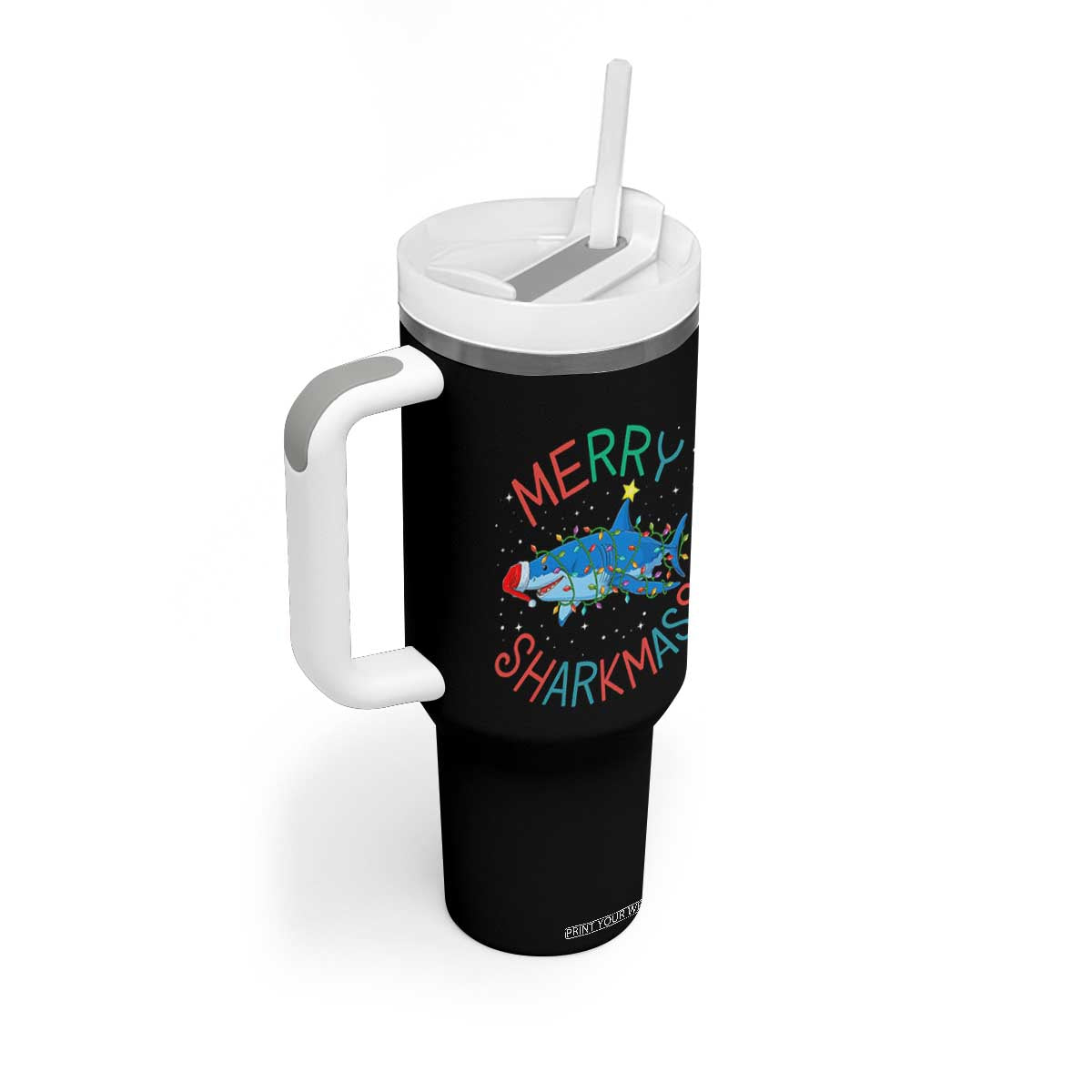 Christmas Shark Tumbler With Handle Funny Merry Sharkmas Xmas Gift TS12 Print Your Wear