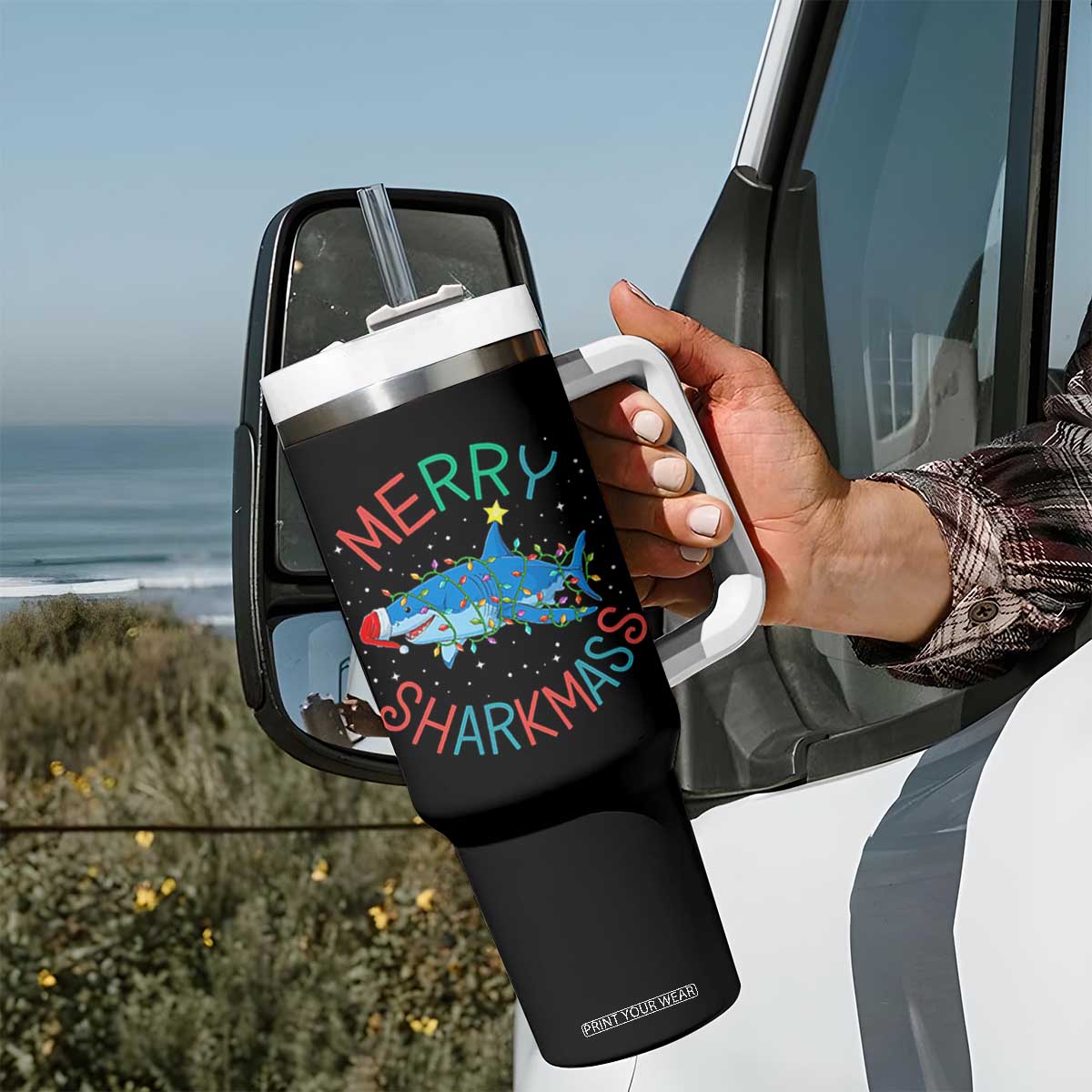 Christmas Shark Tumbler With Handle Funny Merry Sharkmas Xmas Gift TS12 Print Your Wear
