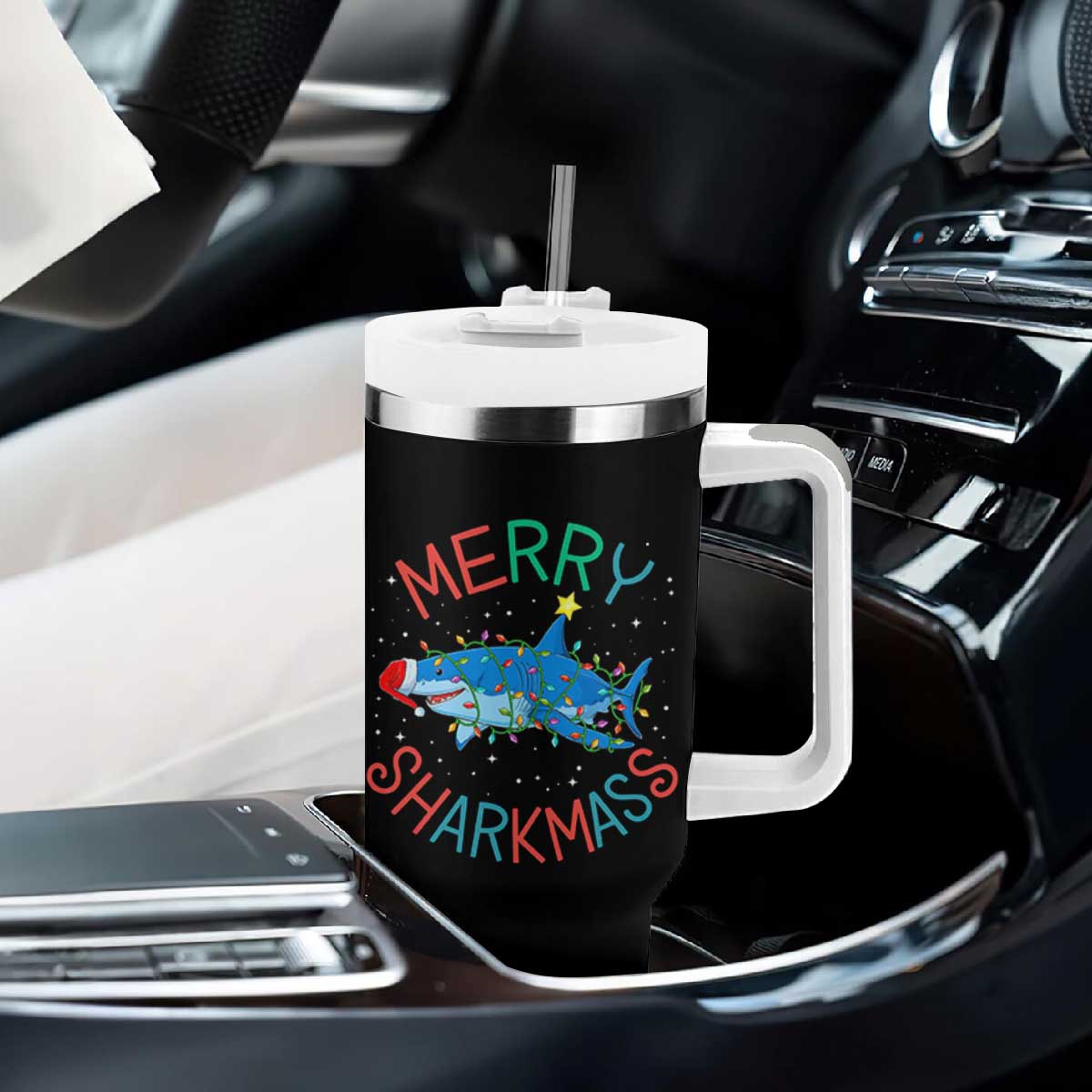 Christmas Shark Tumbler With Handle Funny Merry Sharkmas Xmas Gift TS12 Print Your Wear