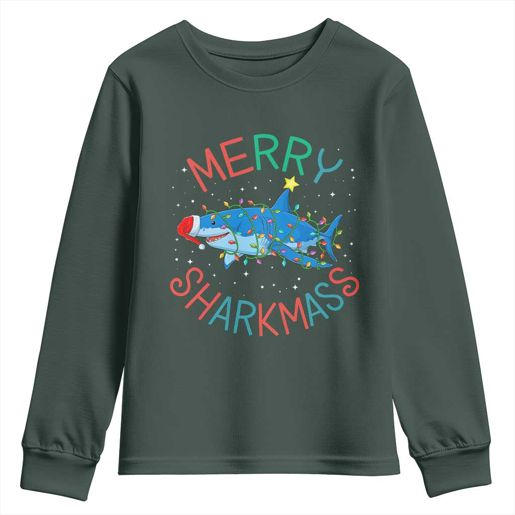 Christmas Shark Youth Sweatshirt Funny Merry Sharkmas Xmas Gift TS12 Dark Forest Green Print Your Wear